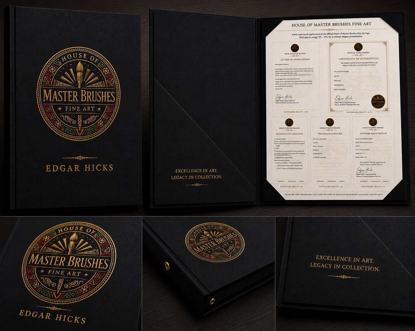 House of Master Brushes bespoke leather portfolio — personally engraved with the collector's name, containing the Letter of Appreciation, Certificate of Authenticity, Representation Agreement, Provenance Record, and Artwork Registration.